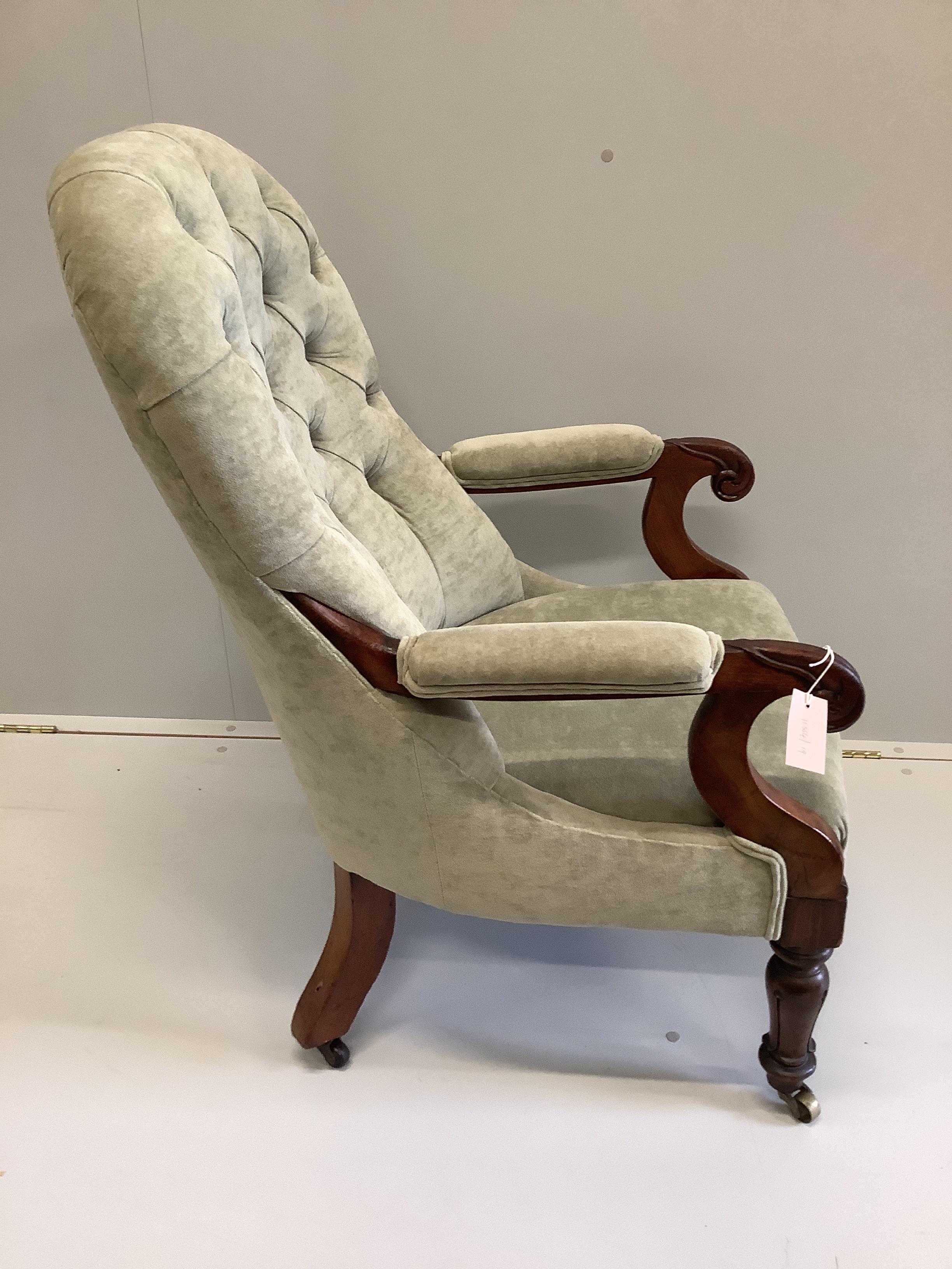 A William IV upholstered mahogany open armchair, width 63cm, depth 70cm, height 95cm